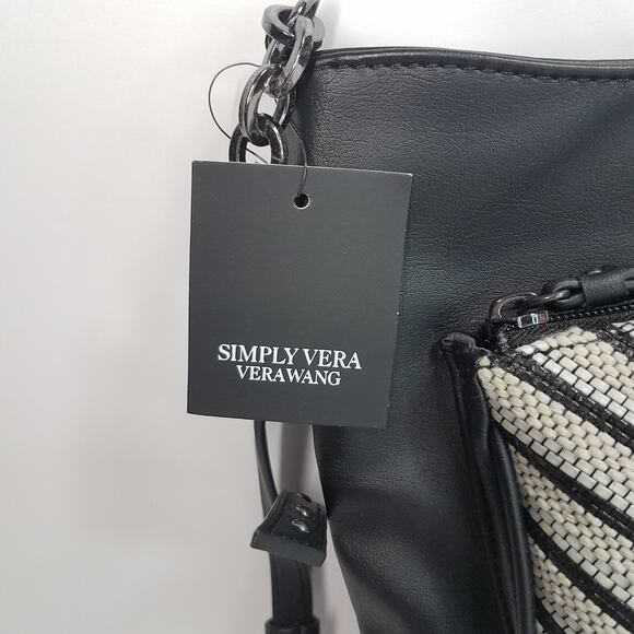 Simply Vera Wang Crossbody Purse Black White Stripes w/ Chain Accent Strap - Picture 7 of 8